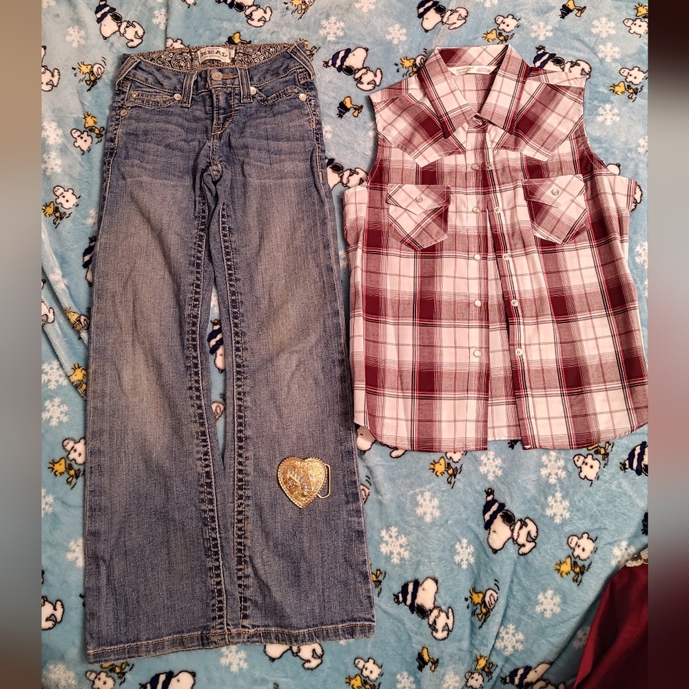Girls Ariat Western Jeans 7 Elys Western Wear Shirt & Silver Heart Buckle